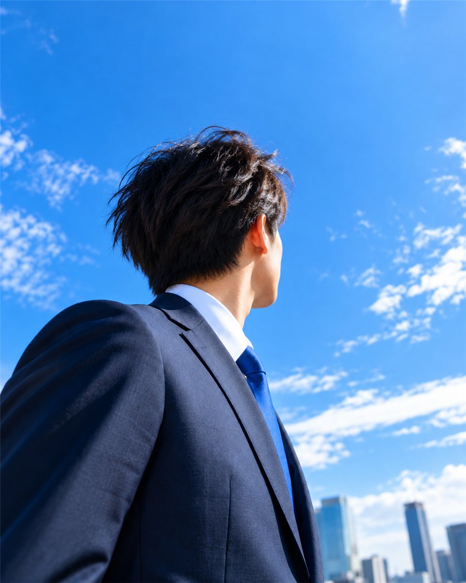 青空を背に遠くを見つめる新人営業