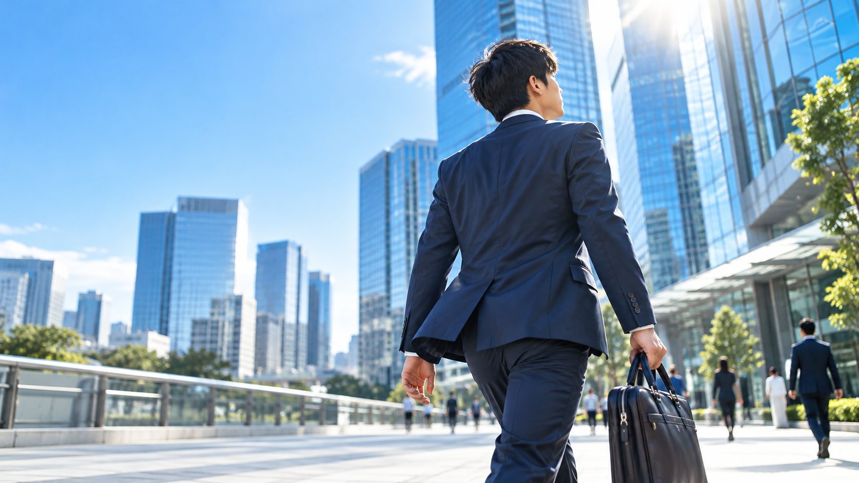 ビジネス街を前へ歩き出す、新人営業の後ろ姿