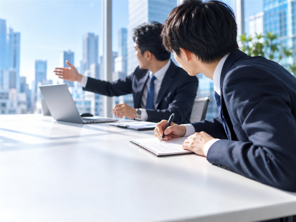 先輩の話をメモする新人営業